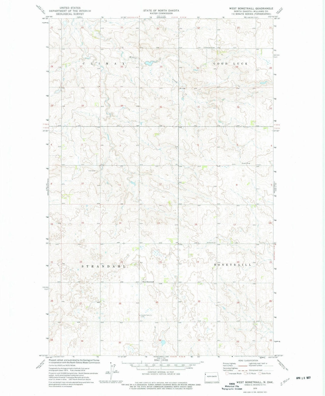 1974 West Bonetraill, ND - North Dakota - USGS Topographic Map