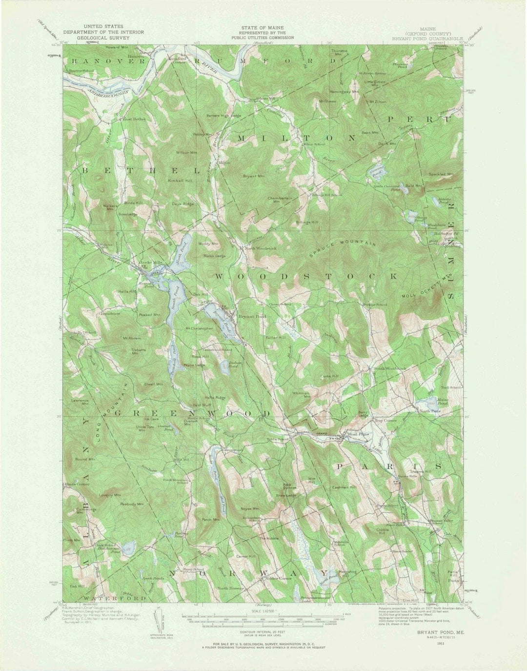 1911 Bryant Pond, ME - Maine - USGS Topographic Map