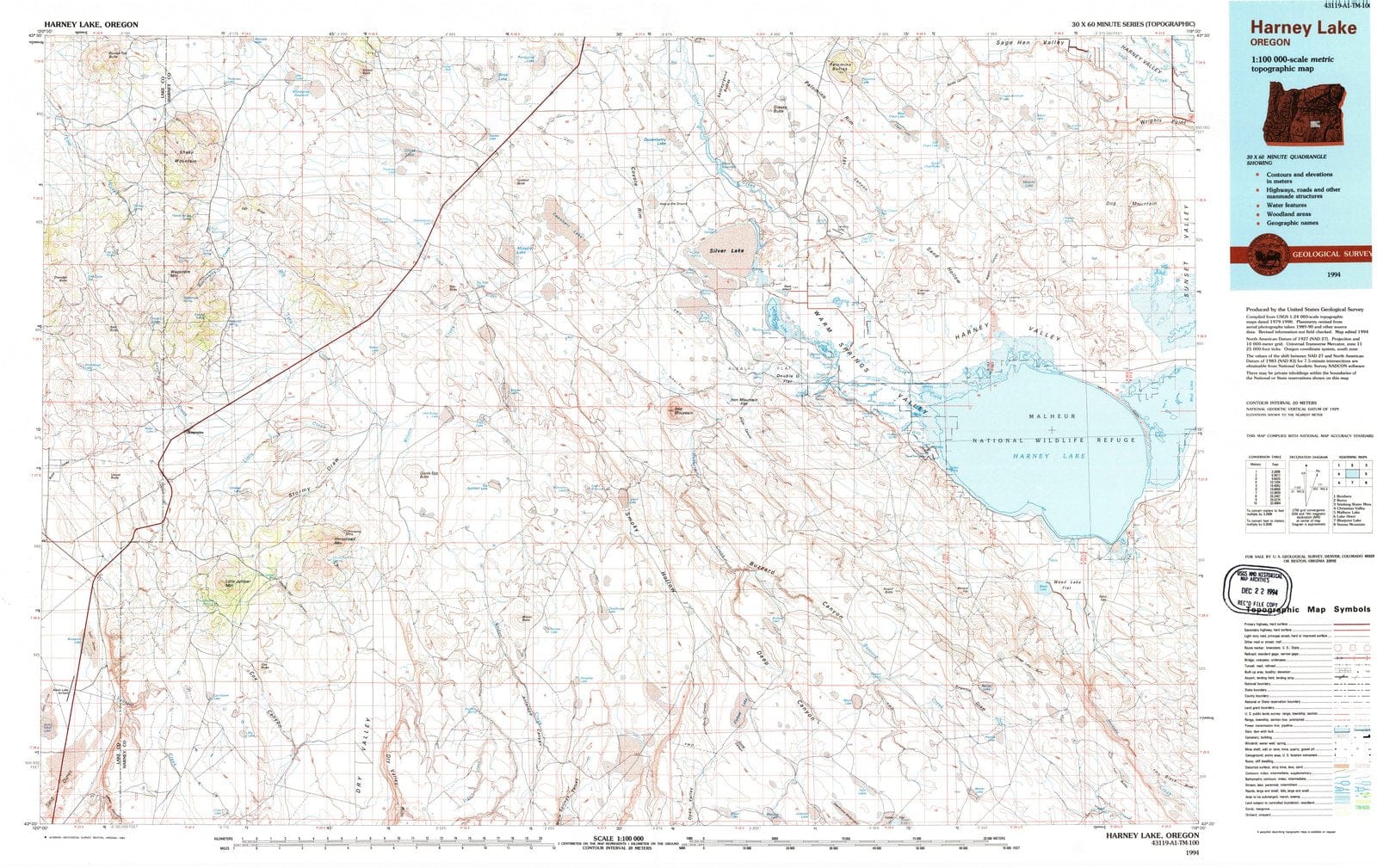 1994 Harney Lake, OR - Oregon - USGS Topographic Map