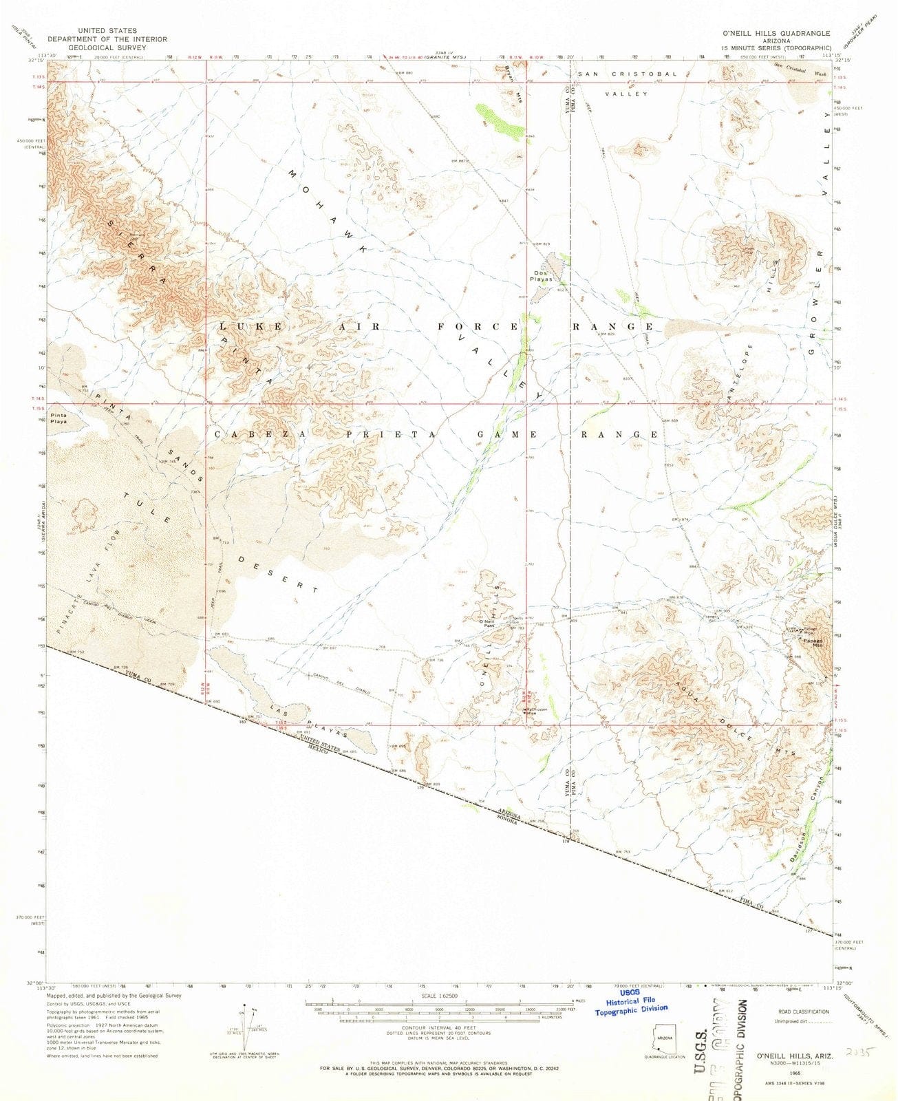 1965 O'Neill Hills, AZ - Arizona - USGS Topographic Map