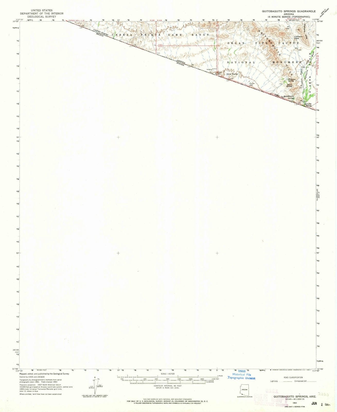 1963 Quitobaquito Springs, AZ - Arizona - USGS Topographic Map