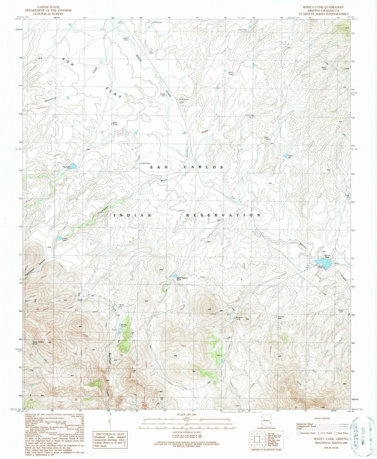 1989 Bonita Tank, AZ - Arizona - USGS Topographic Map