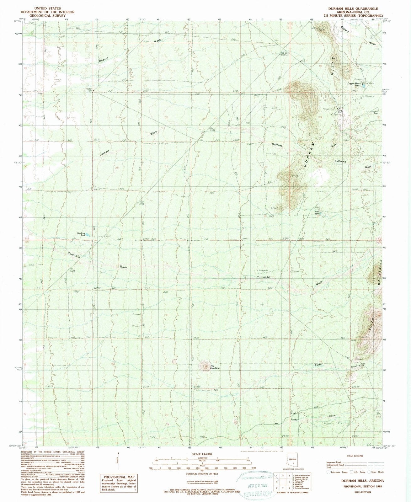 1988 Durham Hills, AZ - Arizona - USGS Topographic Map