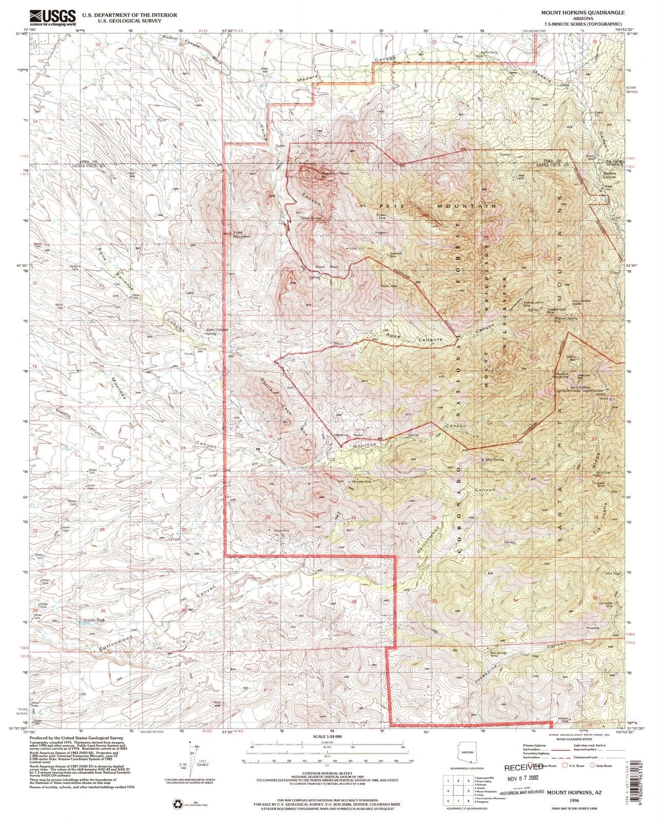 1996 Mount Hopkins, AZ - Arizona - USGS Topographic Map