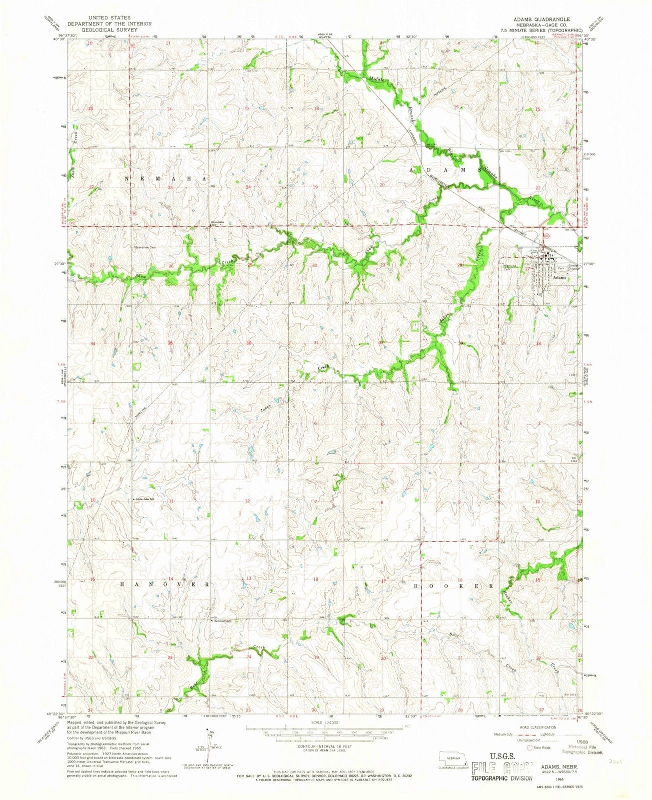 1965 Adams, NE - Nebraska - USGS Topographic Map