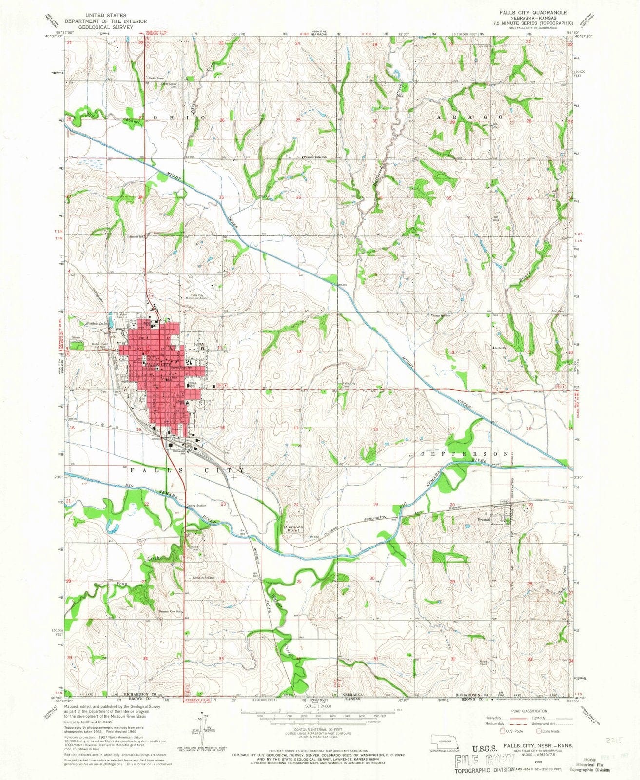 1965 Falls City, NE - Nebraska - USGS Topographic Map