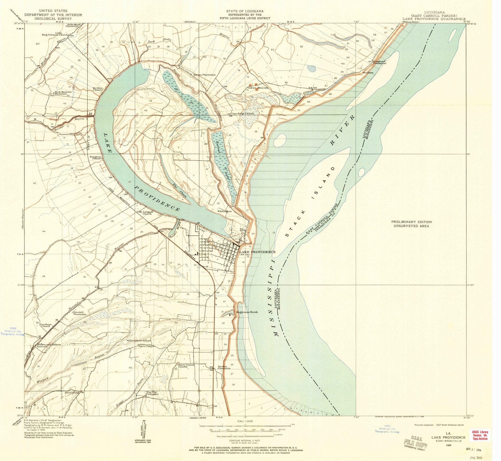 1909 Lake Providence, LA - Louisiana - USGS Topographic Map