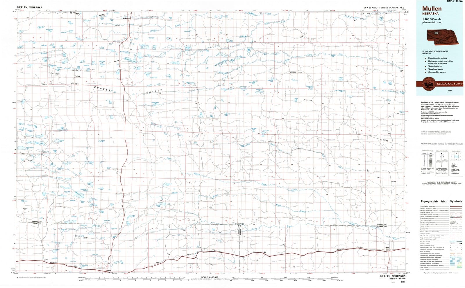 1985 Mullen, NE Nebraska USGS Topographic Map Historic Pictoric