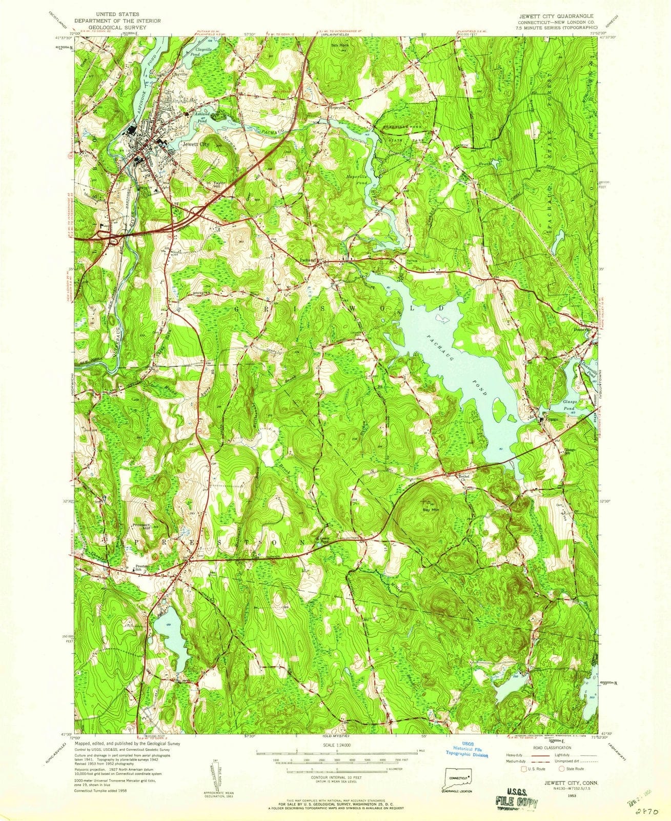 1953 Jewett City, CT Connecticut USGS Topographic Map Historic Pictoric
