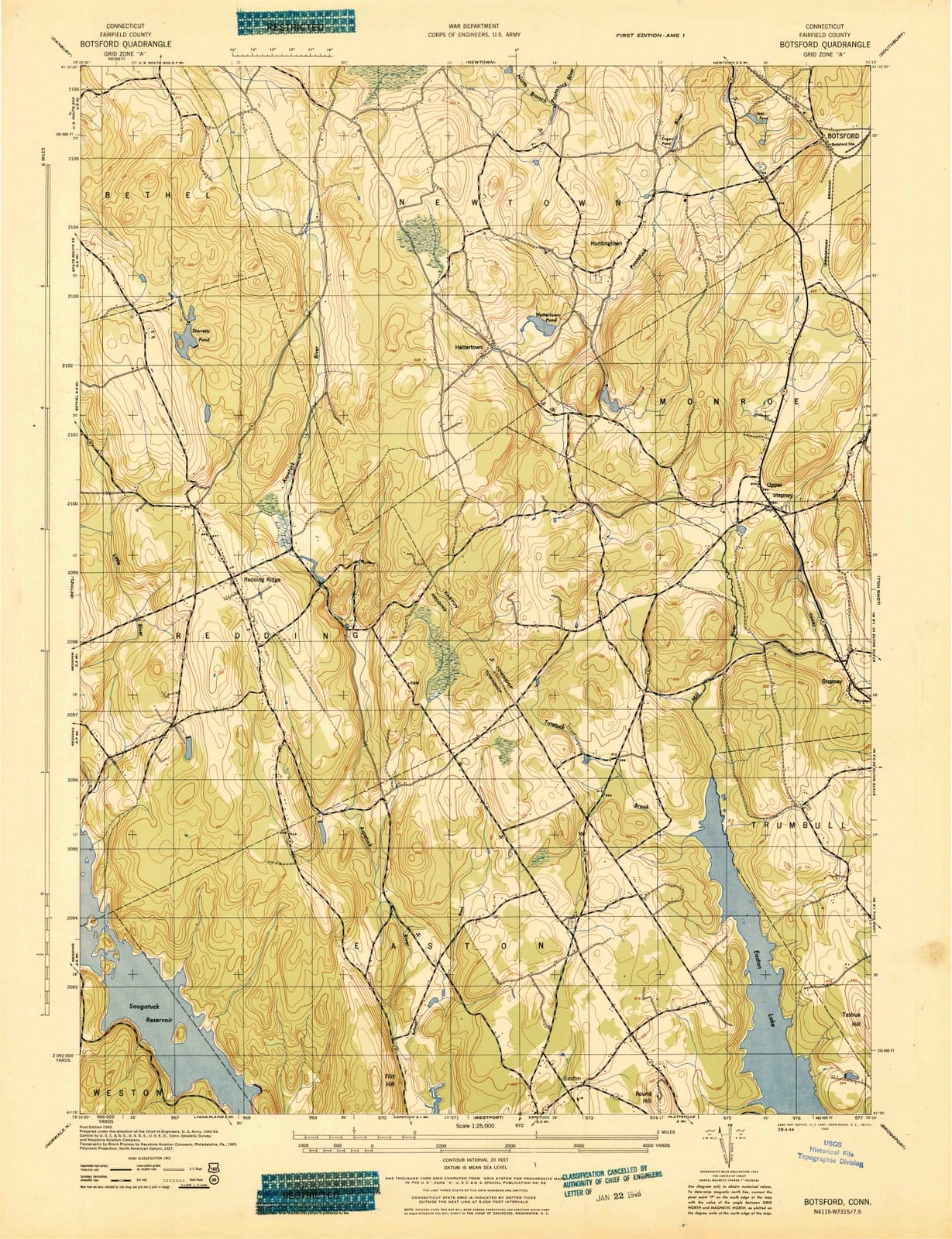 1943 Botsford, CT - Connecticut - USGS Topographic Map