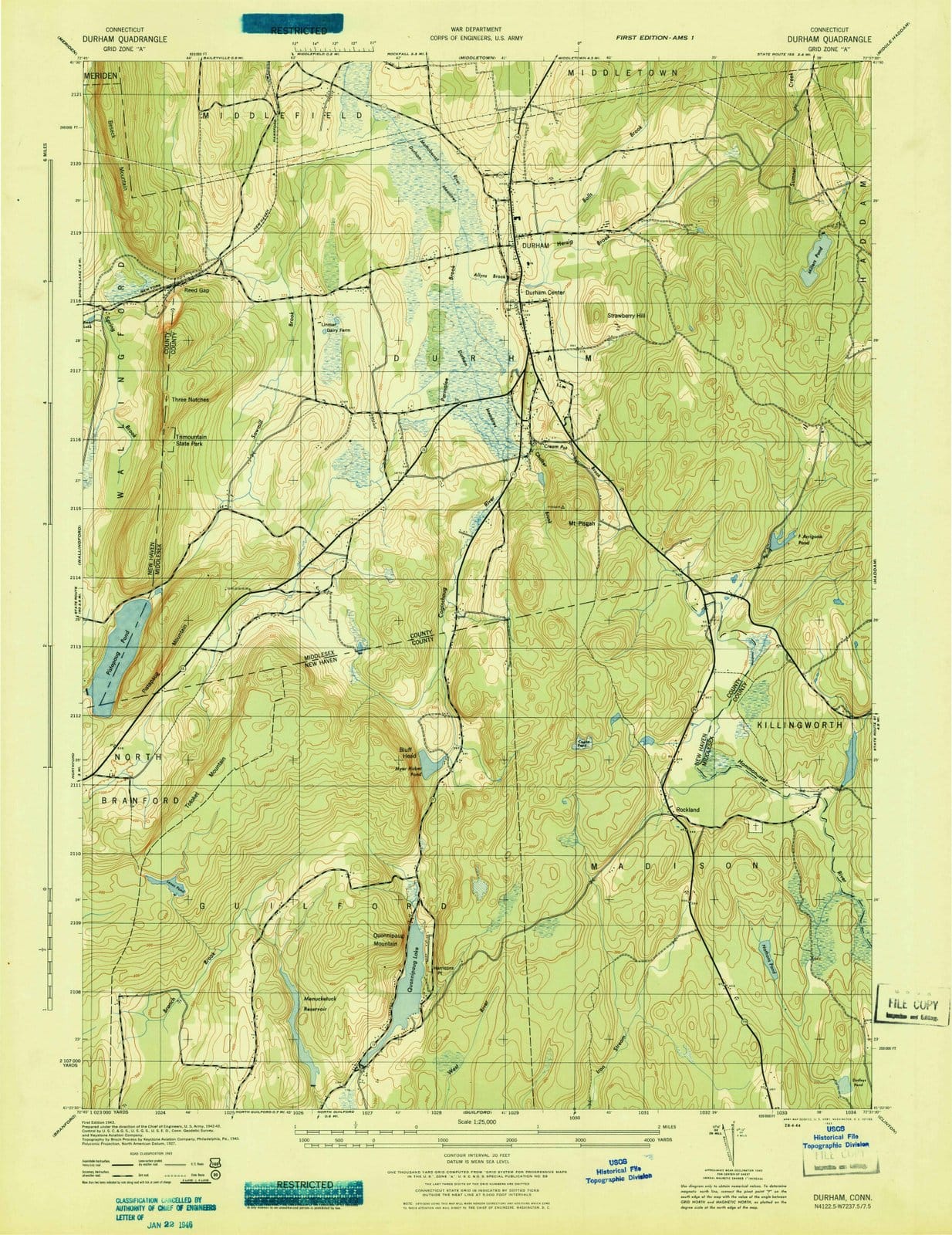 1943 Durham, CT - Connecticut - USGS Topographic Map
