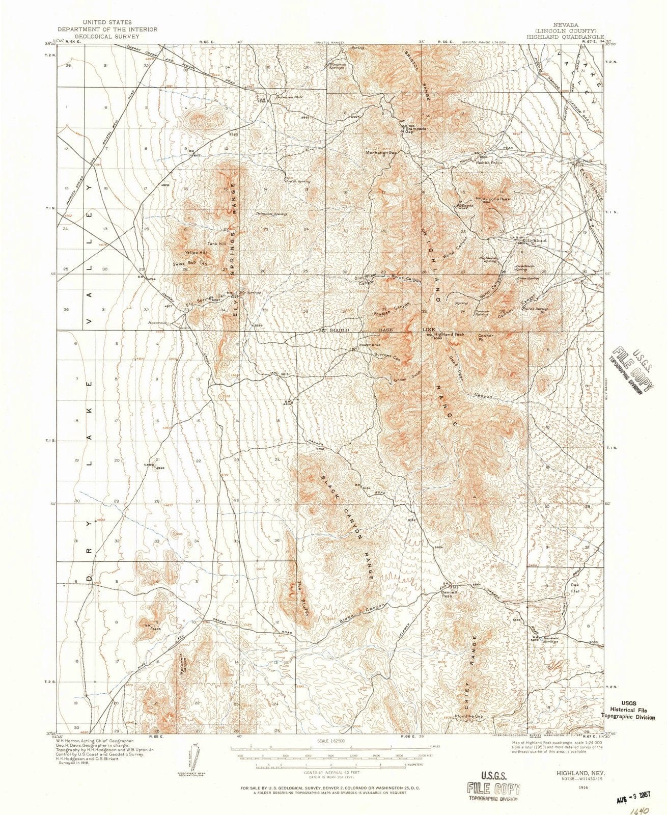 1916 Highland, NV - Nevada - USGS Topographic Map