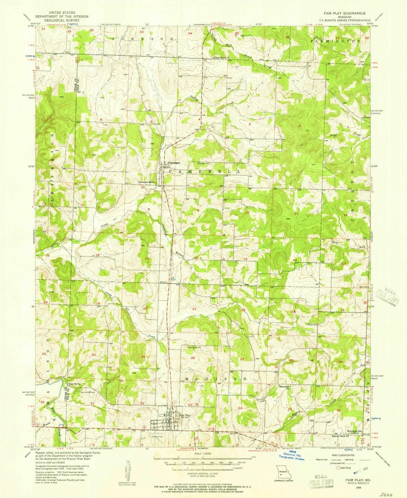 1956 Fair Play, MO Missouri USGS Topographic Map Historic Pictoric