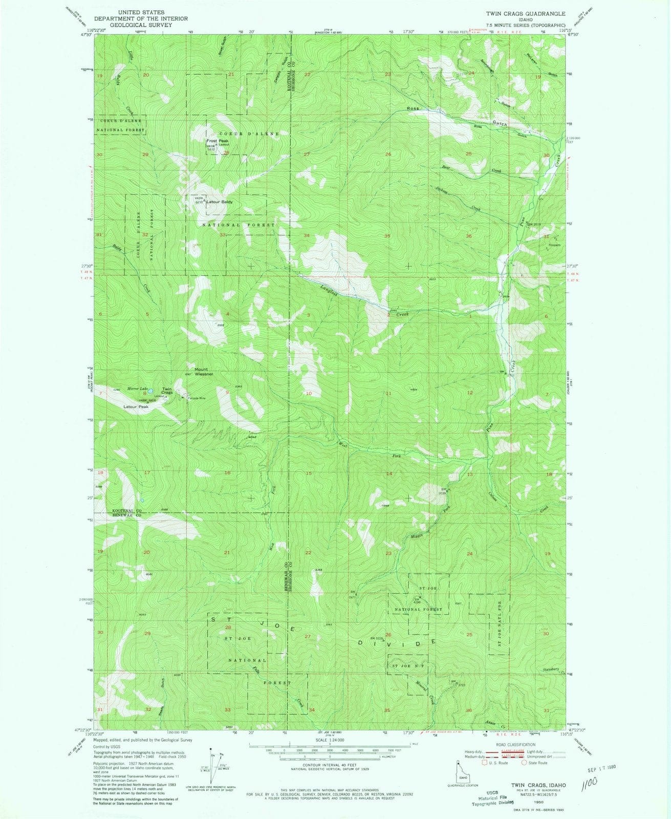 1950 Twin Crags, ID - Idaho - USGS Topographic Map