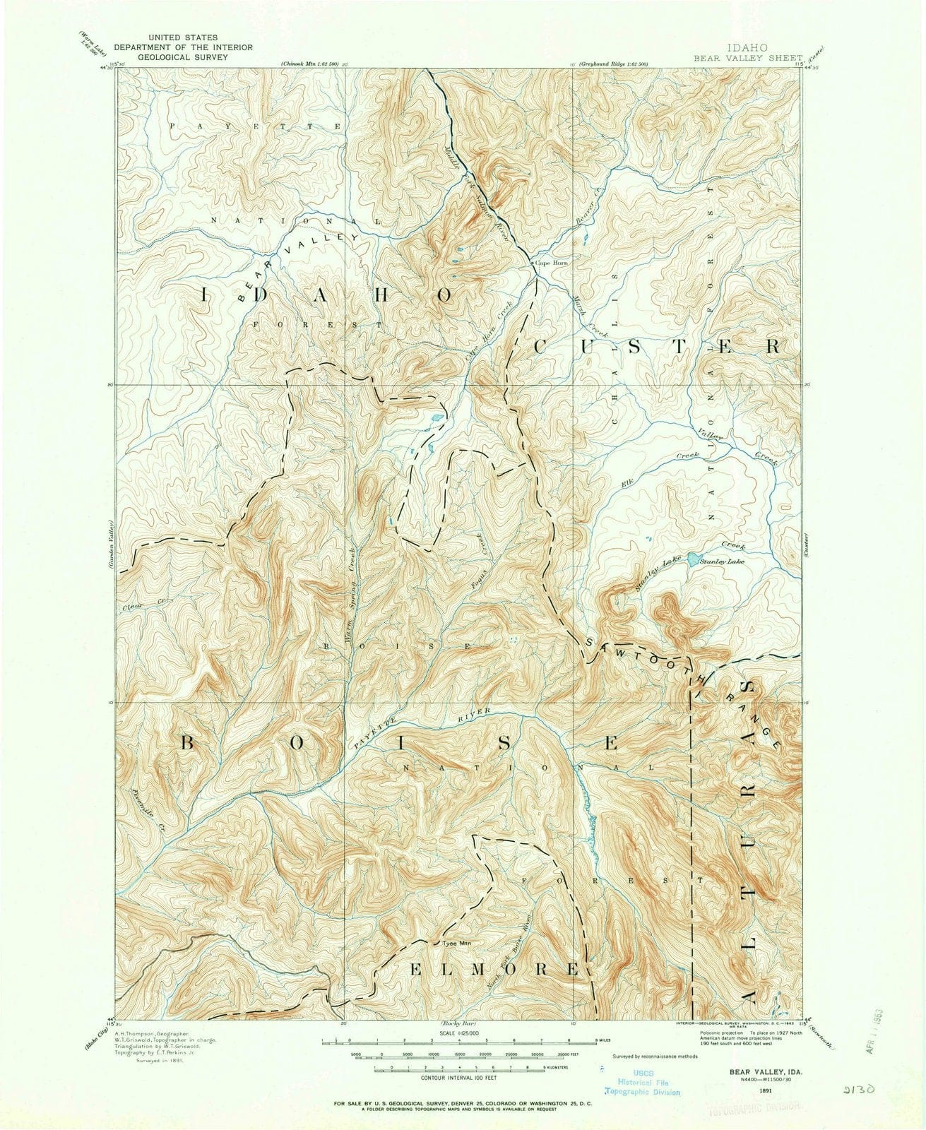 1891 Bear Valley, ID - Idaho - USGS Topographic Map