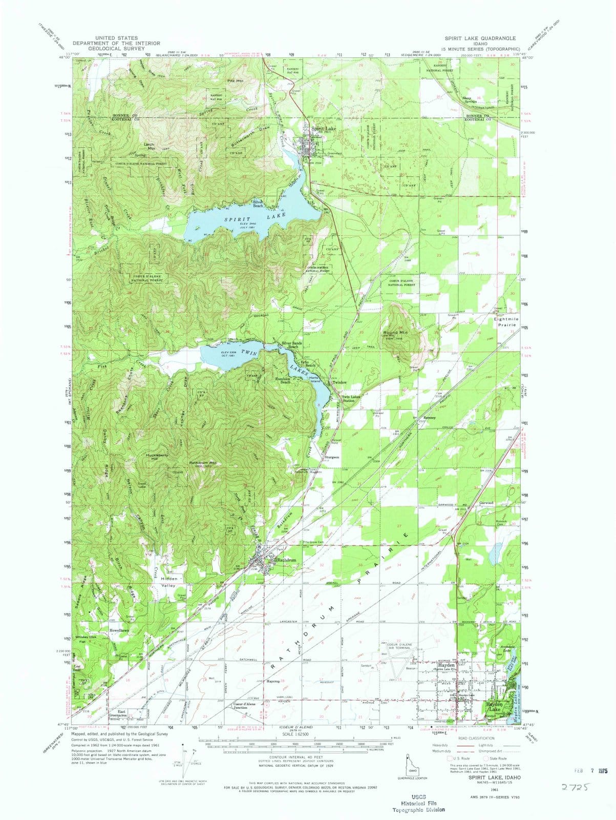 1961 Spirit Lake, ID - Idaho - USGS Topographic Map