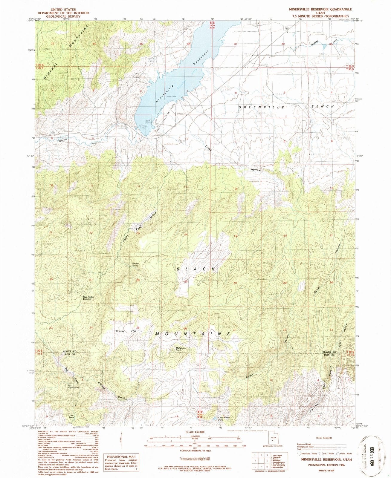 1986 Minersville Reservoir, UT - Utah - USGS Topographic Map