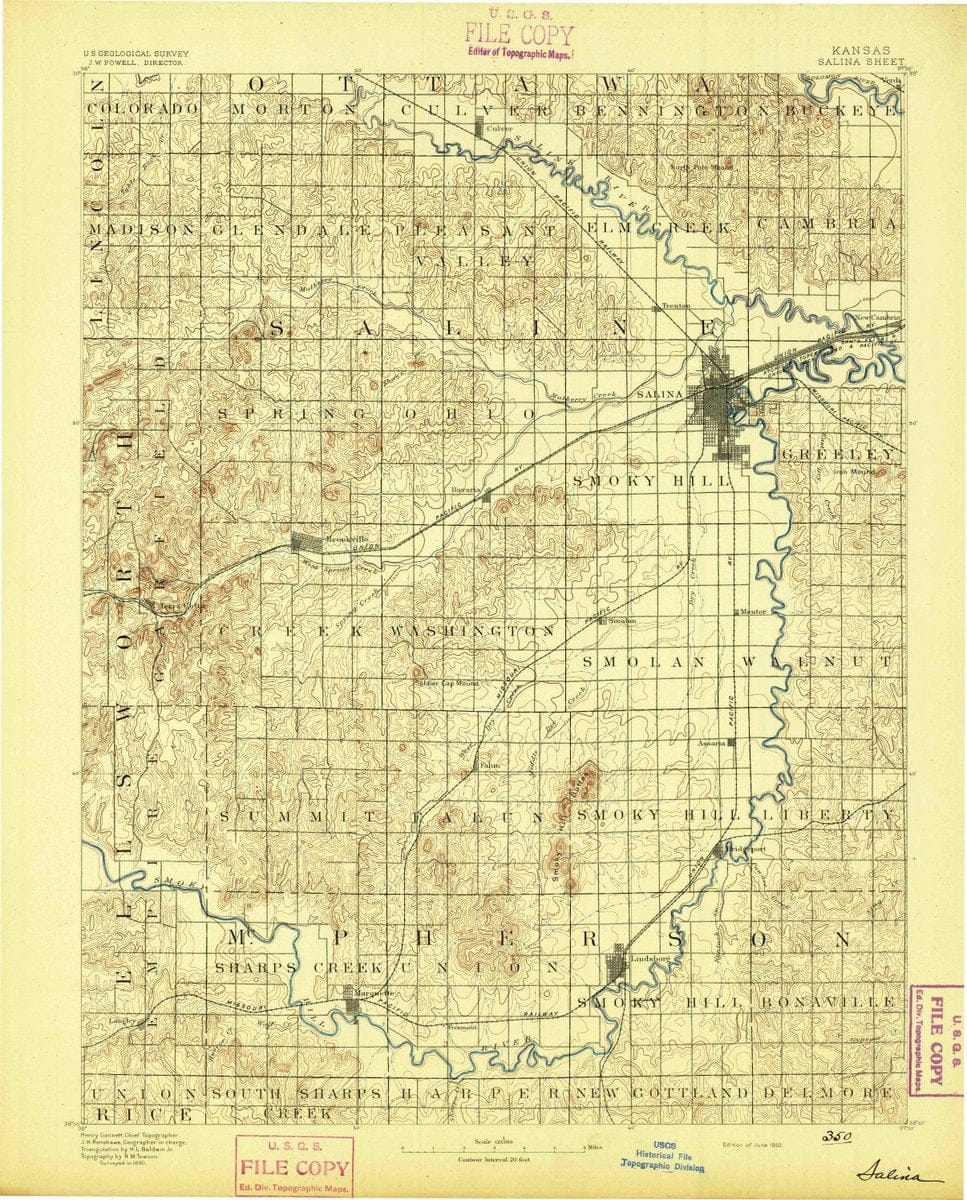 1892 Salina, KS  - Kansas - USGS Topographic Map