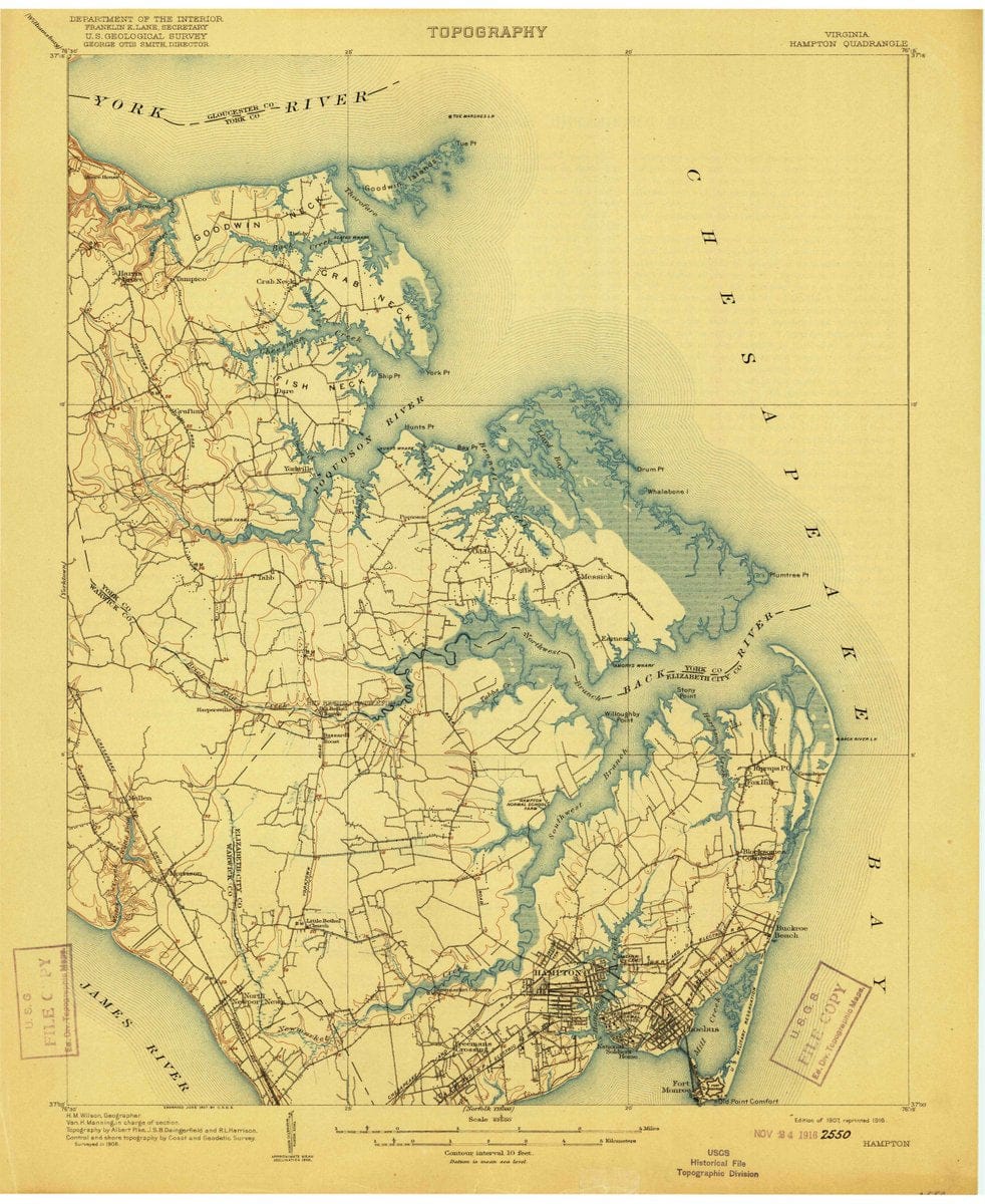 1907 Hampton, VA  - Virginia - USGS Topographic Map
