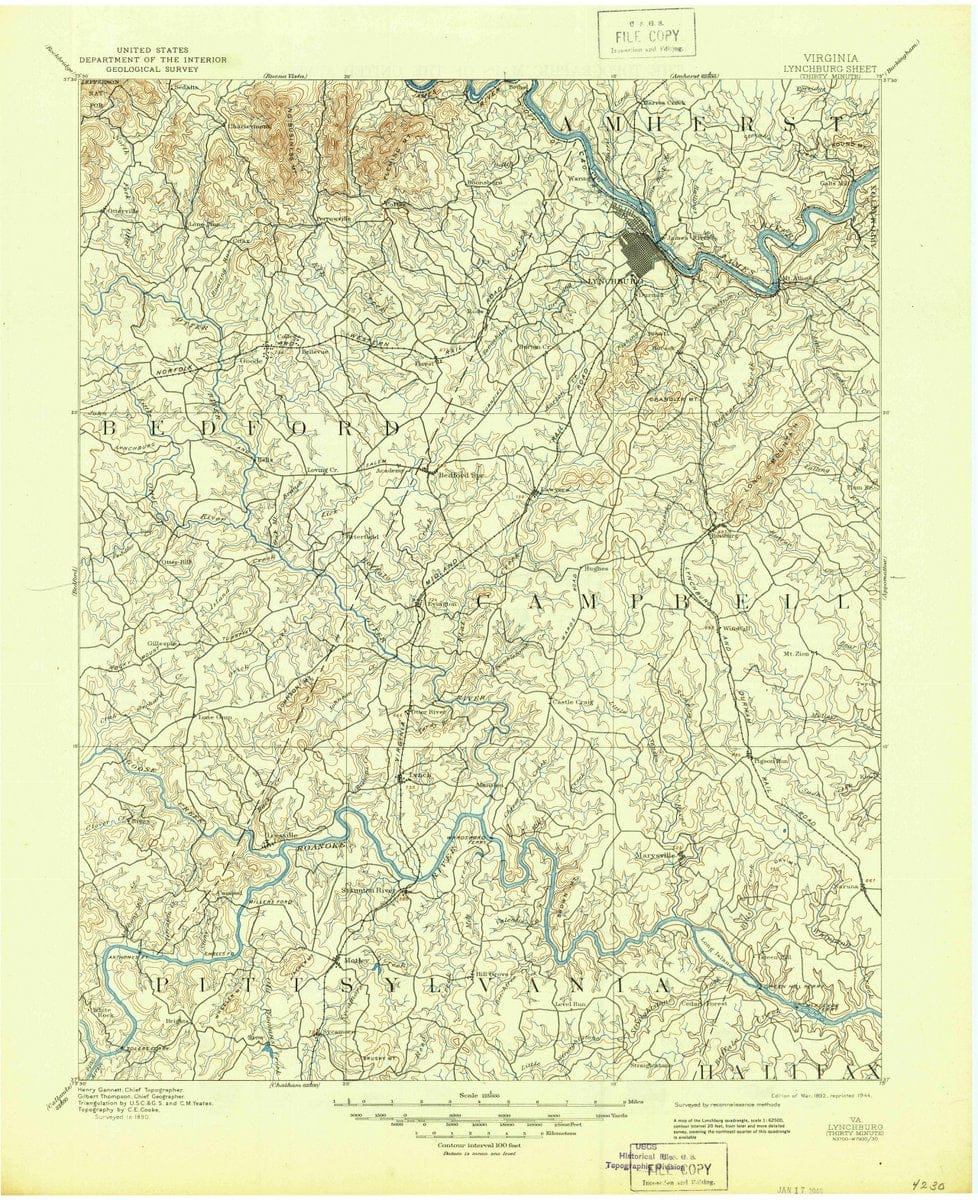 1892 Lynchburg, VA  - Virginia - USGS Topographic Map