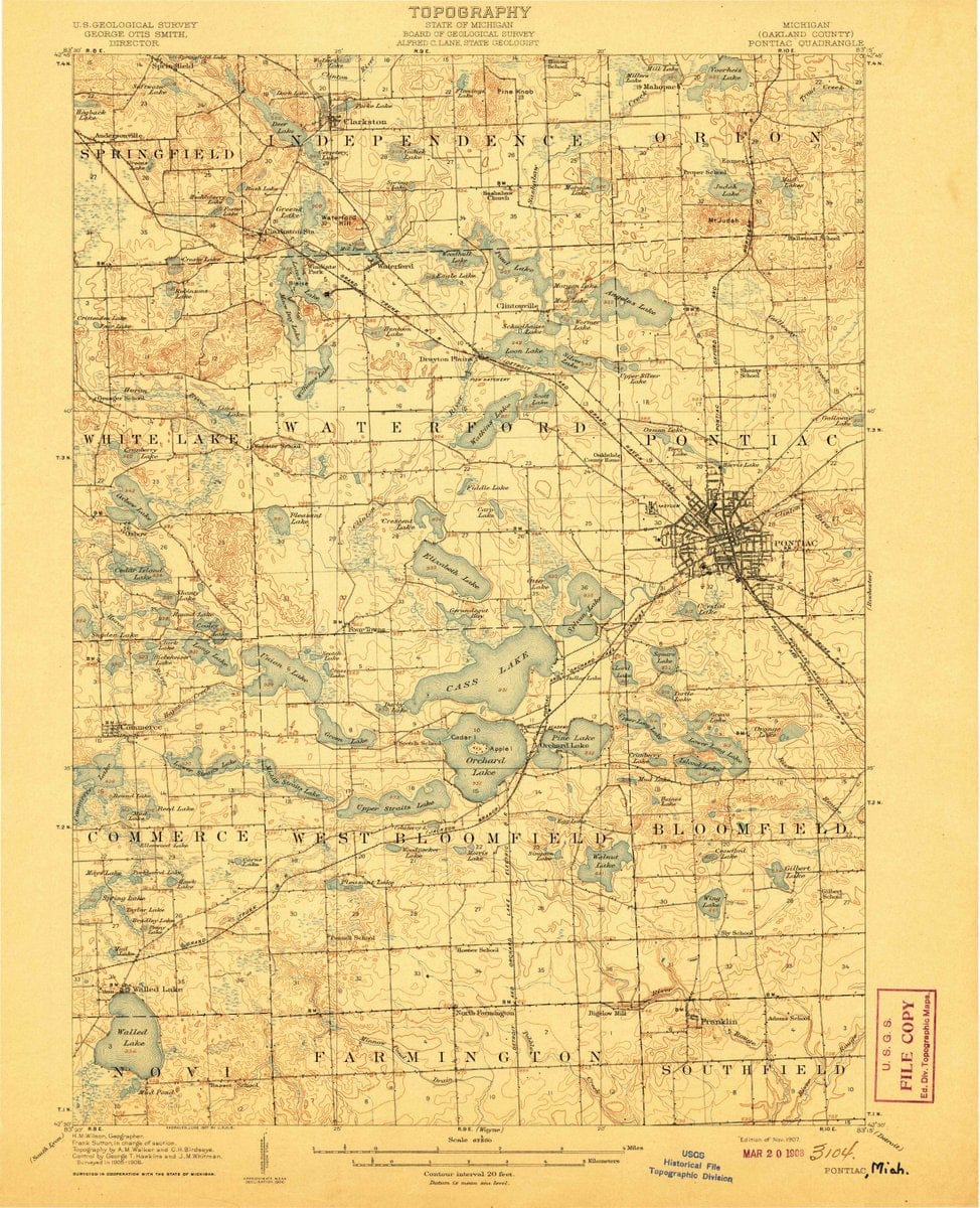 1907 Pontiac, MI  - Michigan - USGS Topographic Map
