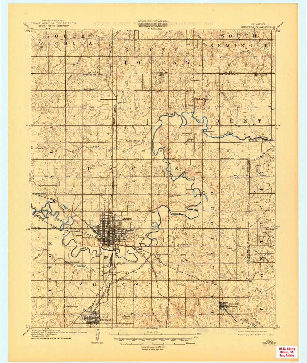 1909 Shawnee, OK  - Oklahoma - USGS Topographic Map