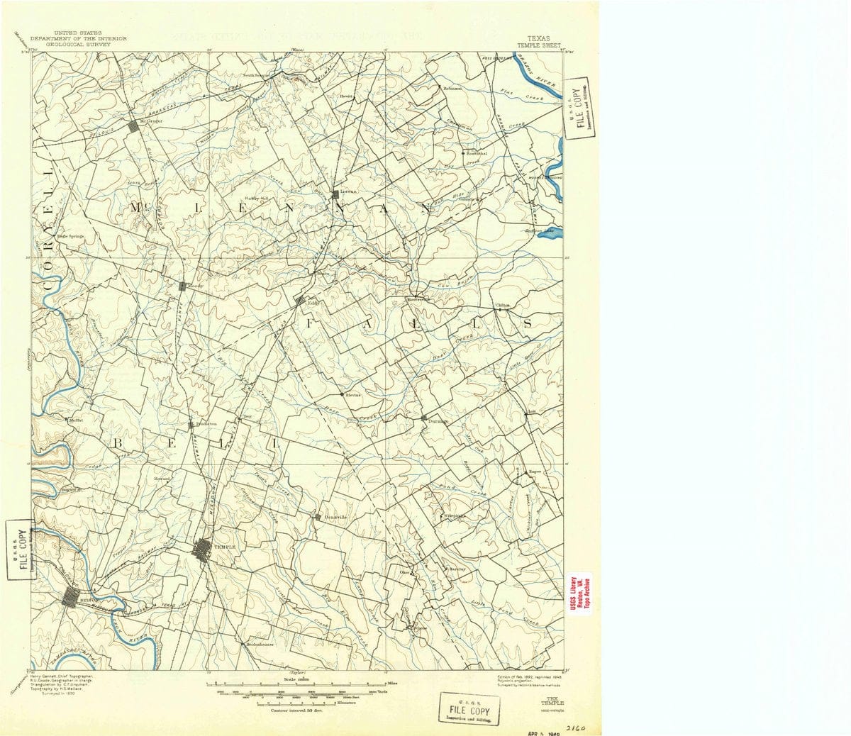 1892 Temple, TX  - Texas - USGS Topographic Map