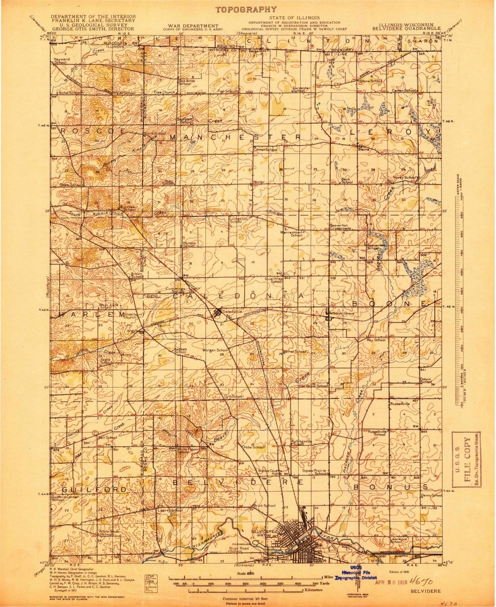 1918 Belvidere, IL  - Illinois - USGS Topographic Map