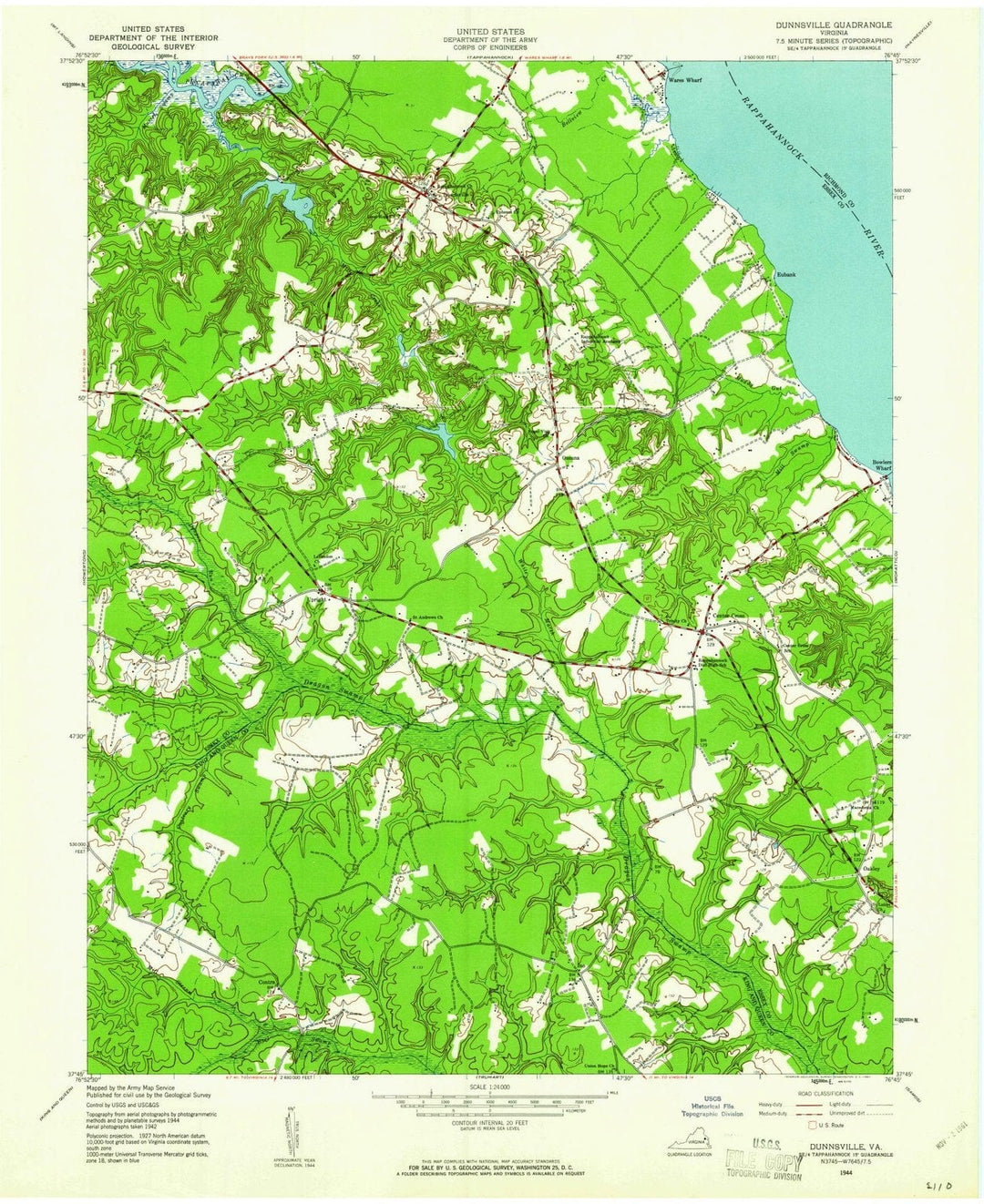 1944 Dunnsville, VA - Virginia - USGS Topographic Map