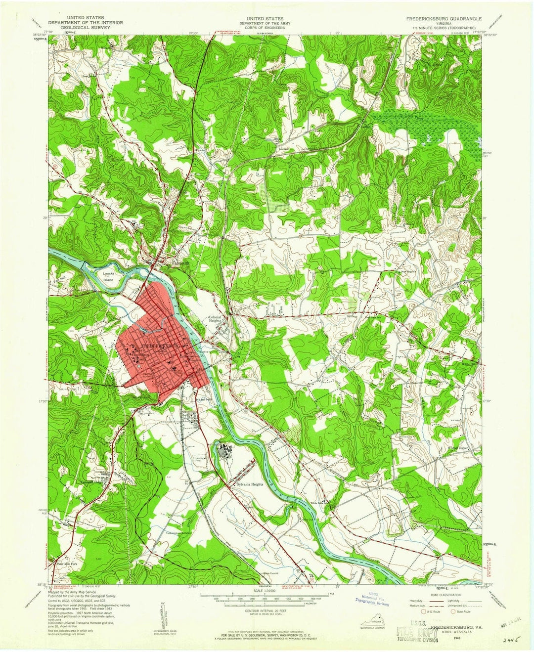 1943 Fredericksburg, VA - Virginia - USGS Topographic Map