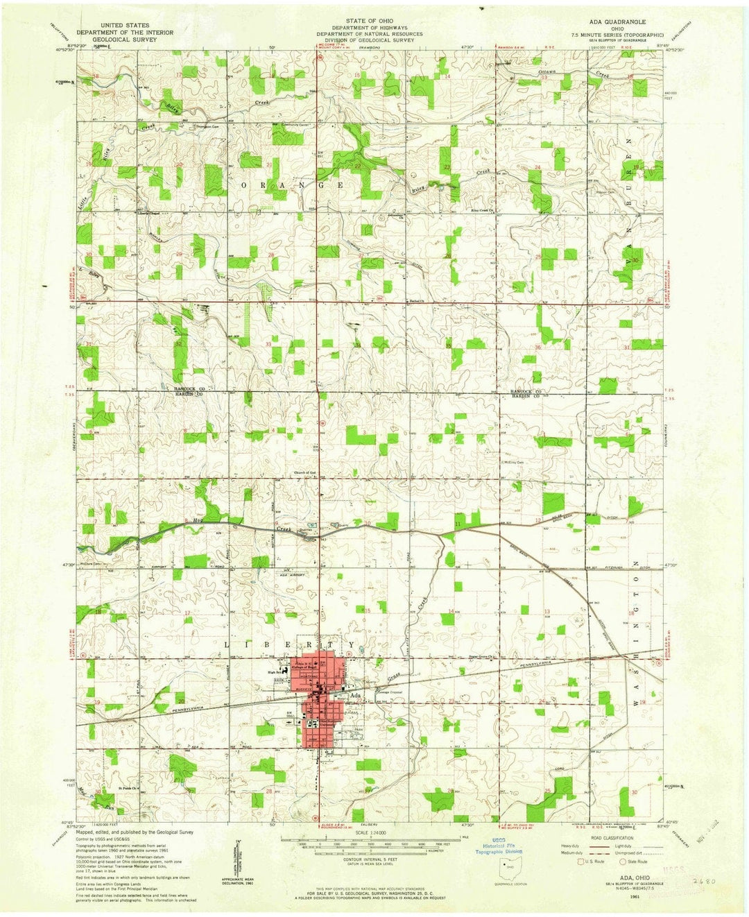 1961 Ada, OH - Ohio - USGS Topographic Map