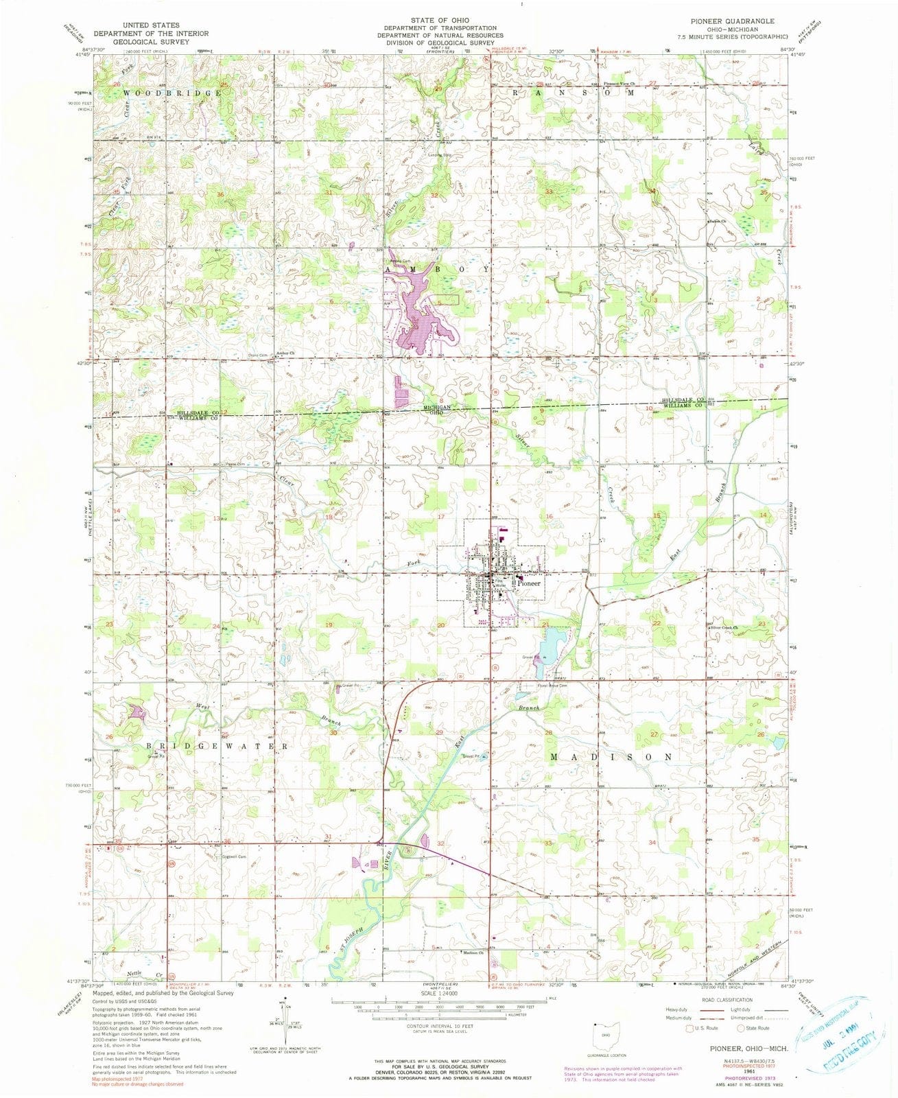 1961 Pioneer, OH - Ohio - USGS Topographic Map