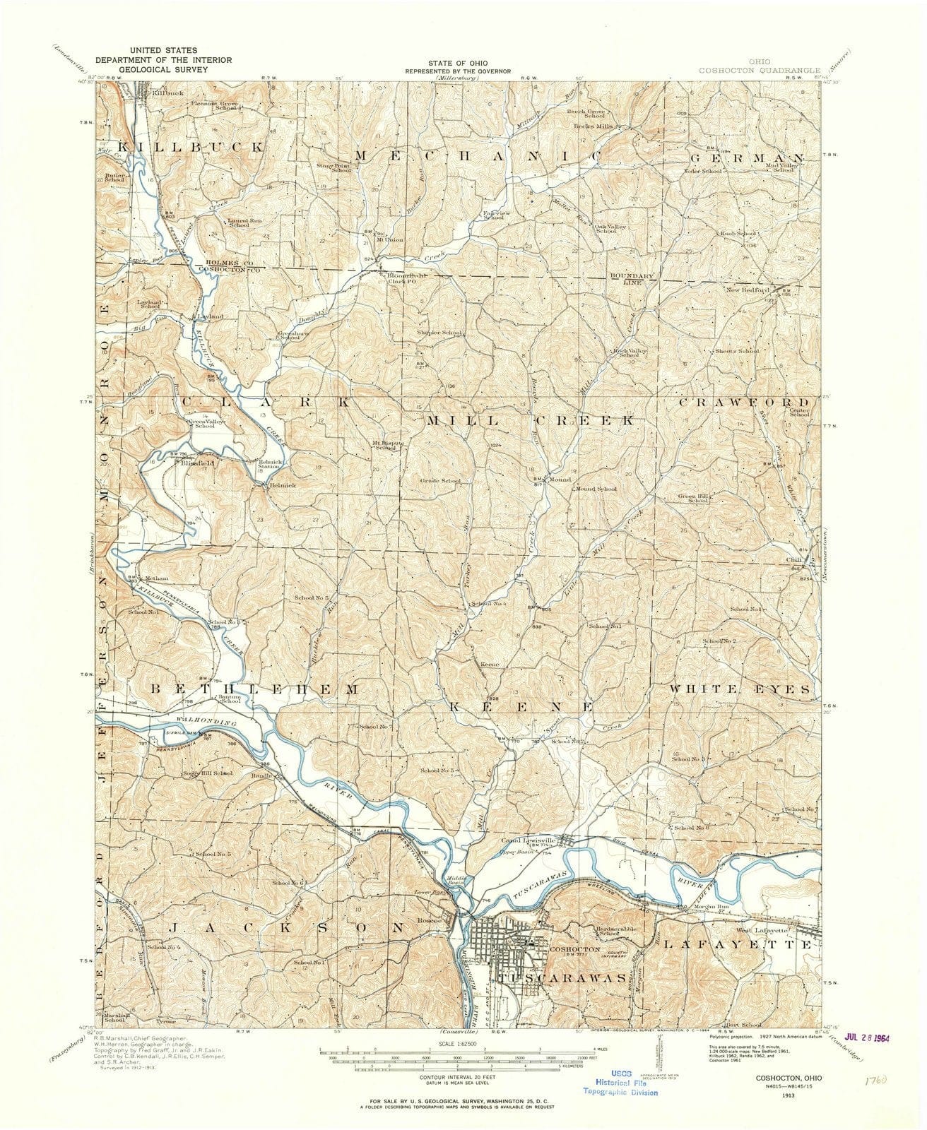 1913 Coshocton, OH - Ohio - USGS Topographic Map
