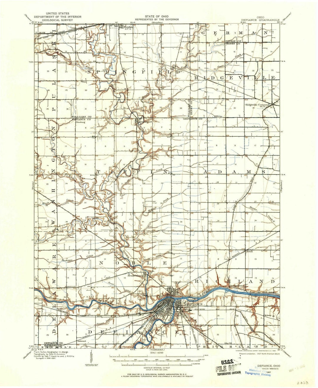 1907 Defiance, OH - Ohio - USGS Topographic Map