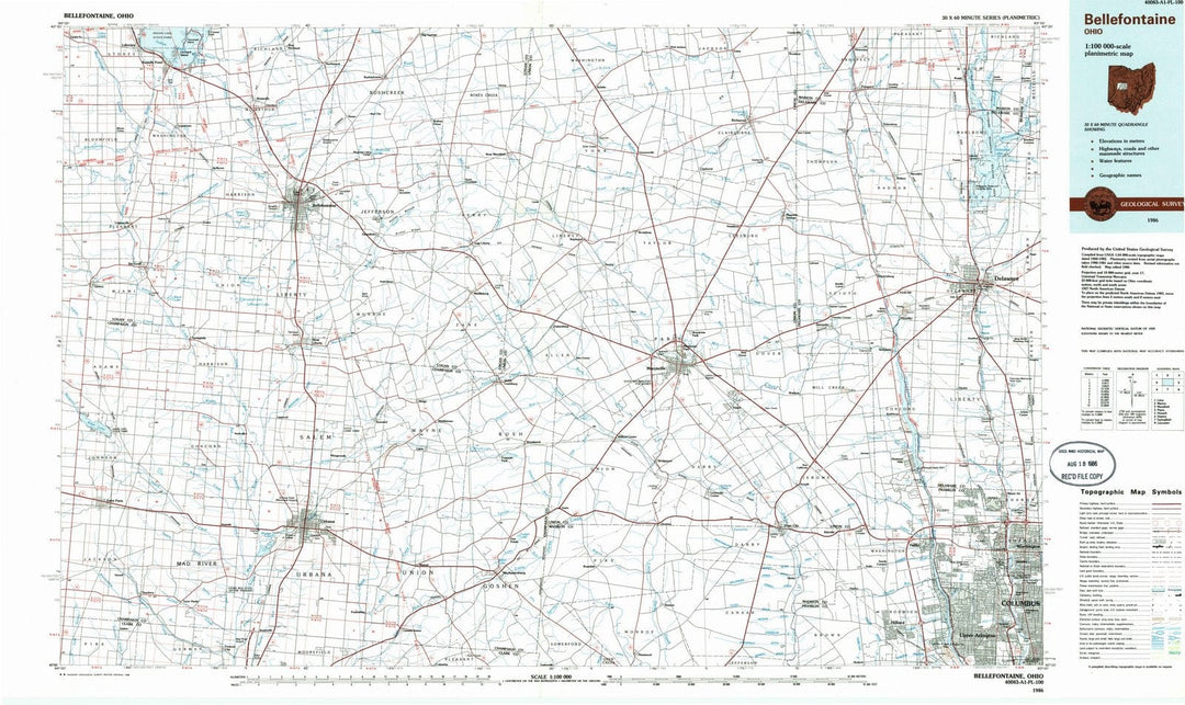 1986 Bellefontaine, OH - Ohio - USGS Topographic Map