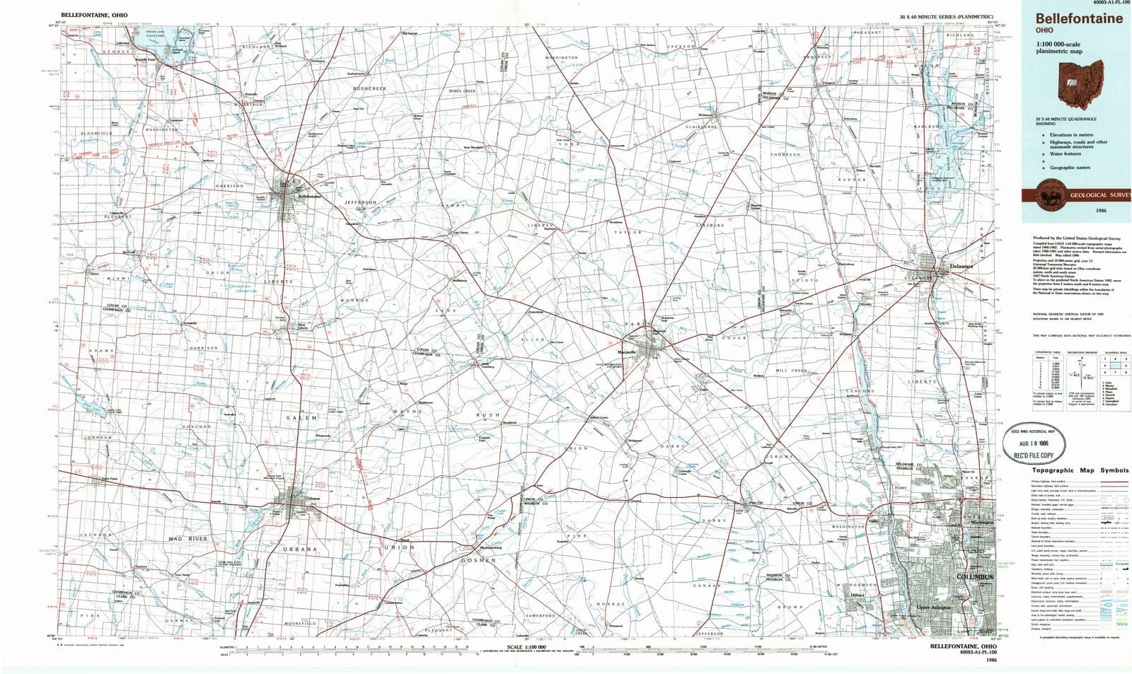 1986 Bellefontaine, OH - Ohio - USGS Topographic Map