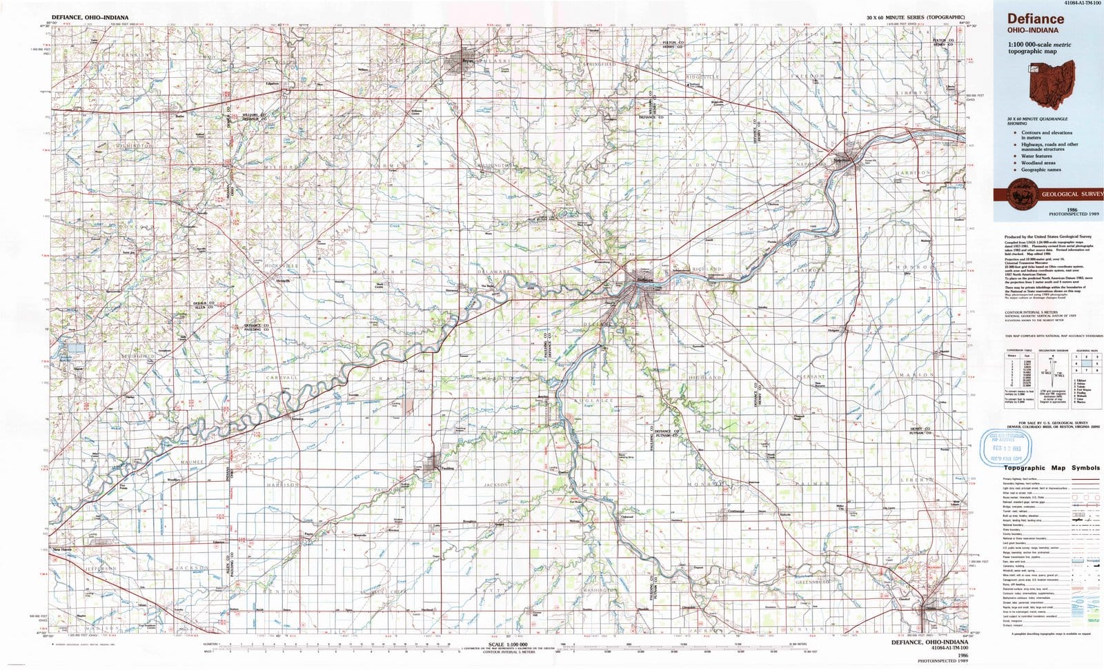 1986 Defiance, OH - Ohio - USGS Topographic Map