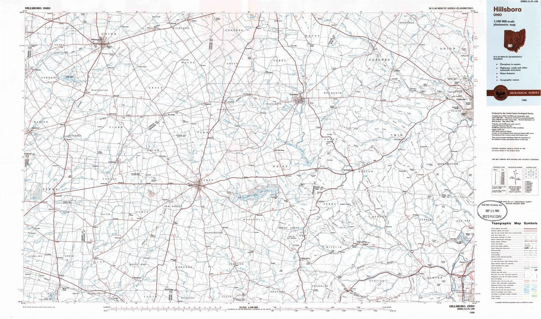 1986 Hillsboro, OH - Ohio - USGS Topographic Map