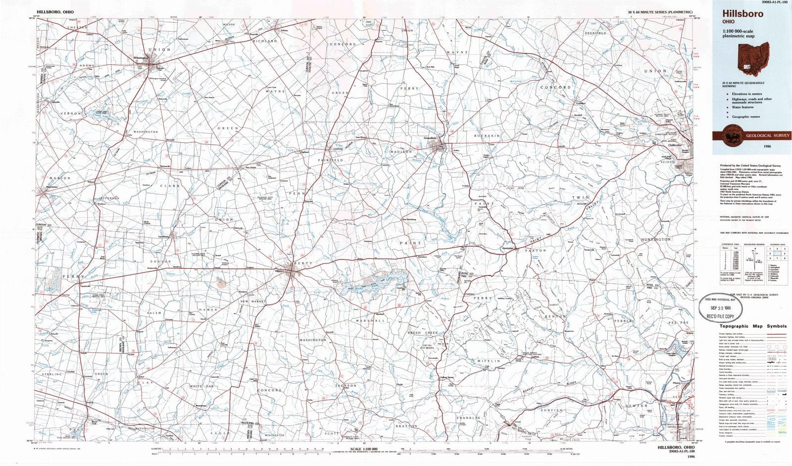 1986 Hillsboro, OH - Ohio - USGS Topographic Map