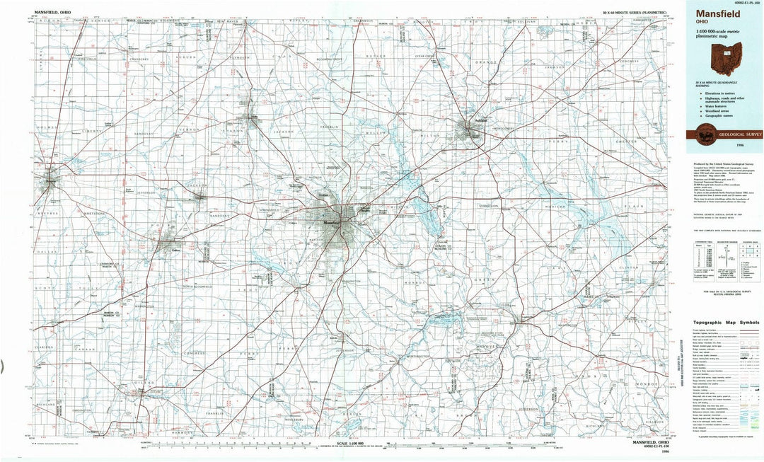 1986 Mansfield, OH - Ohio - USGS Topographic Map