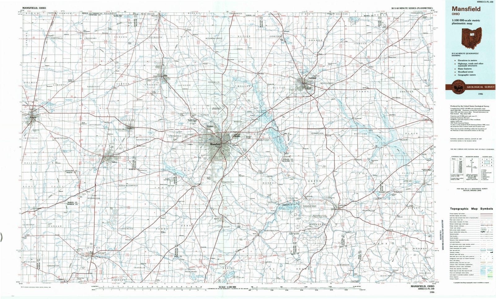 1986 Mansfield, OH - Ohio - USGS Topographic Map