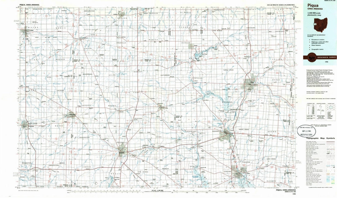 1986 Piqua, OH - Ohio - USGS Topographic Map
