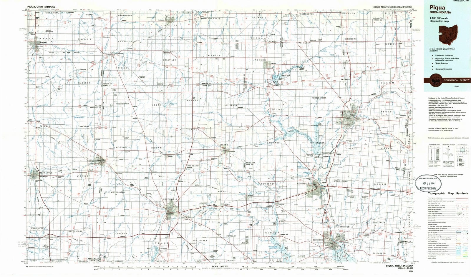1986 Piqua, OH - Ohio - USGS Topographic Map