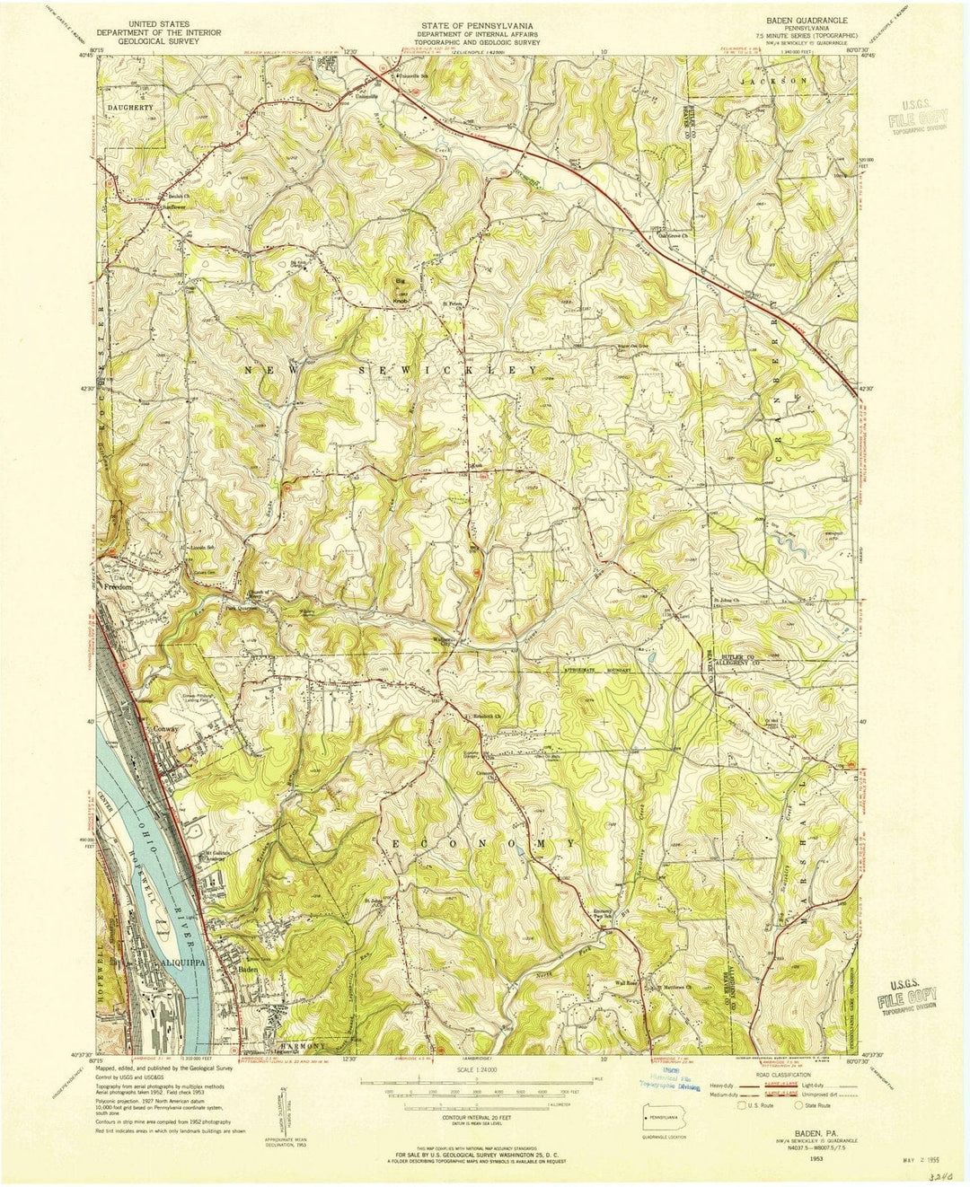 1953 Baden, PA - Pennsylvania - USGS Topographic Map