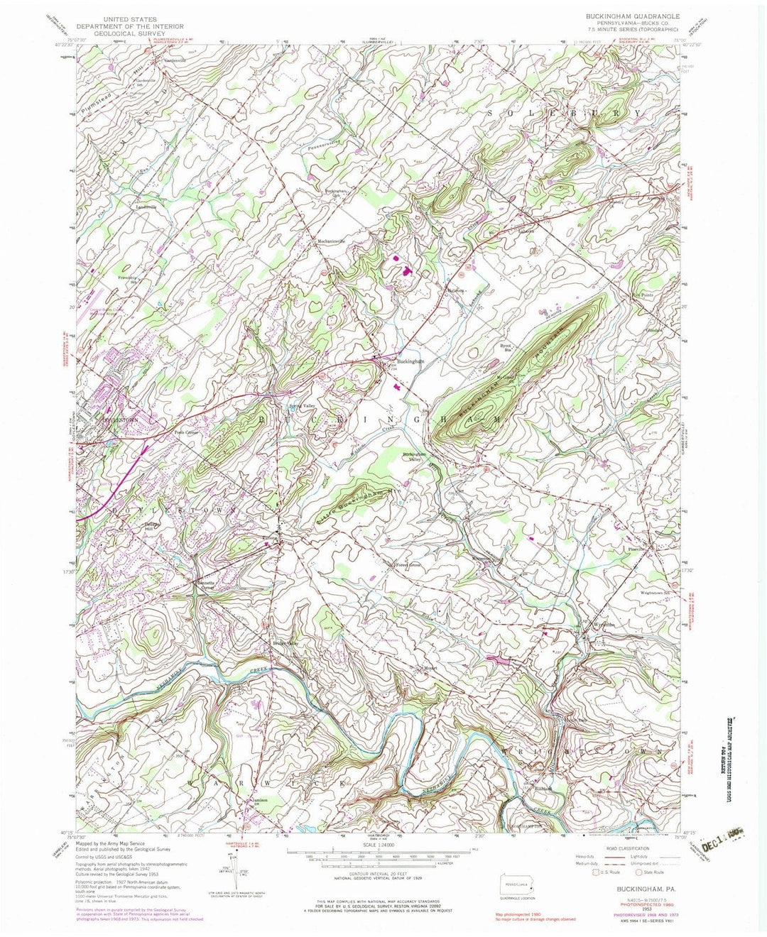 1953 Buckingham, PA - Pennsylvania - USGS Topographic Map