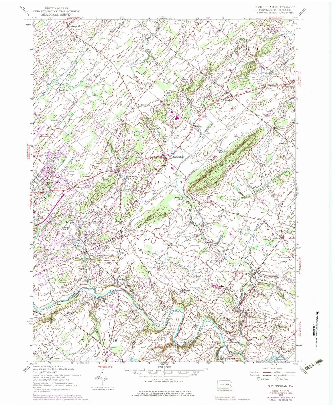 1953 Buckingham, PA - Pennsylvania - USGS Topographic Map