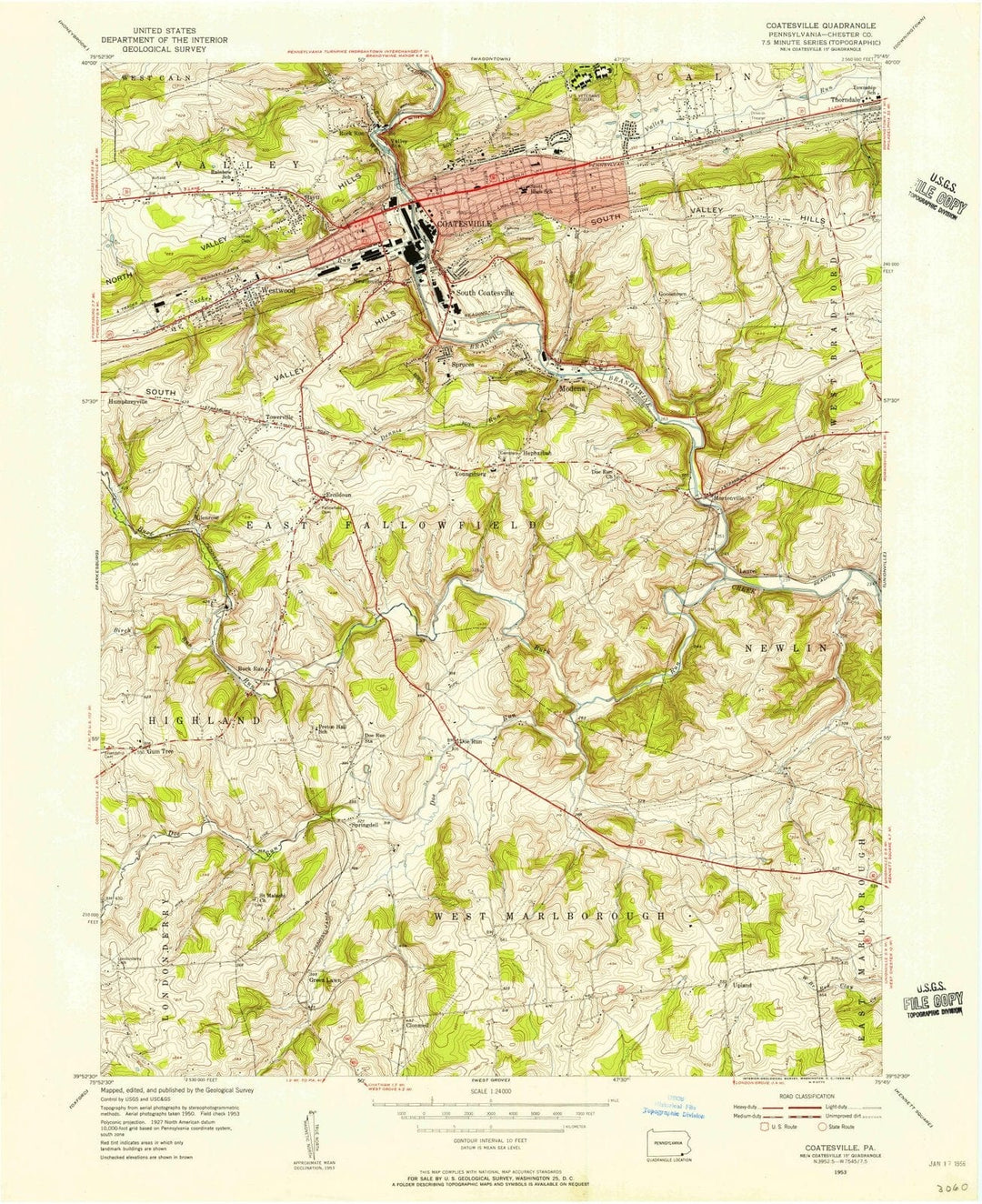 1953 Coatesville, PA - Pennsylvania - USGS Topographic Map