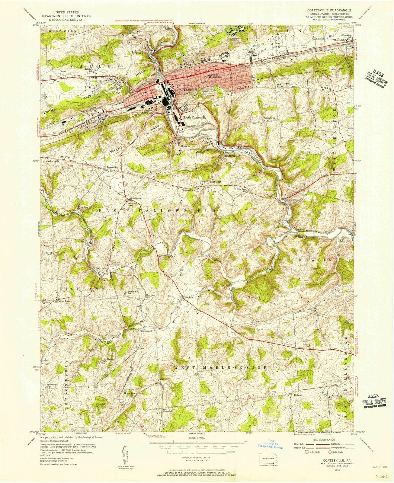 1953 Coatesville, PA - Pennsylvania - USGS Topographic Map