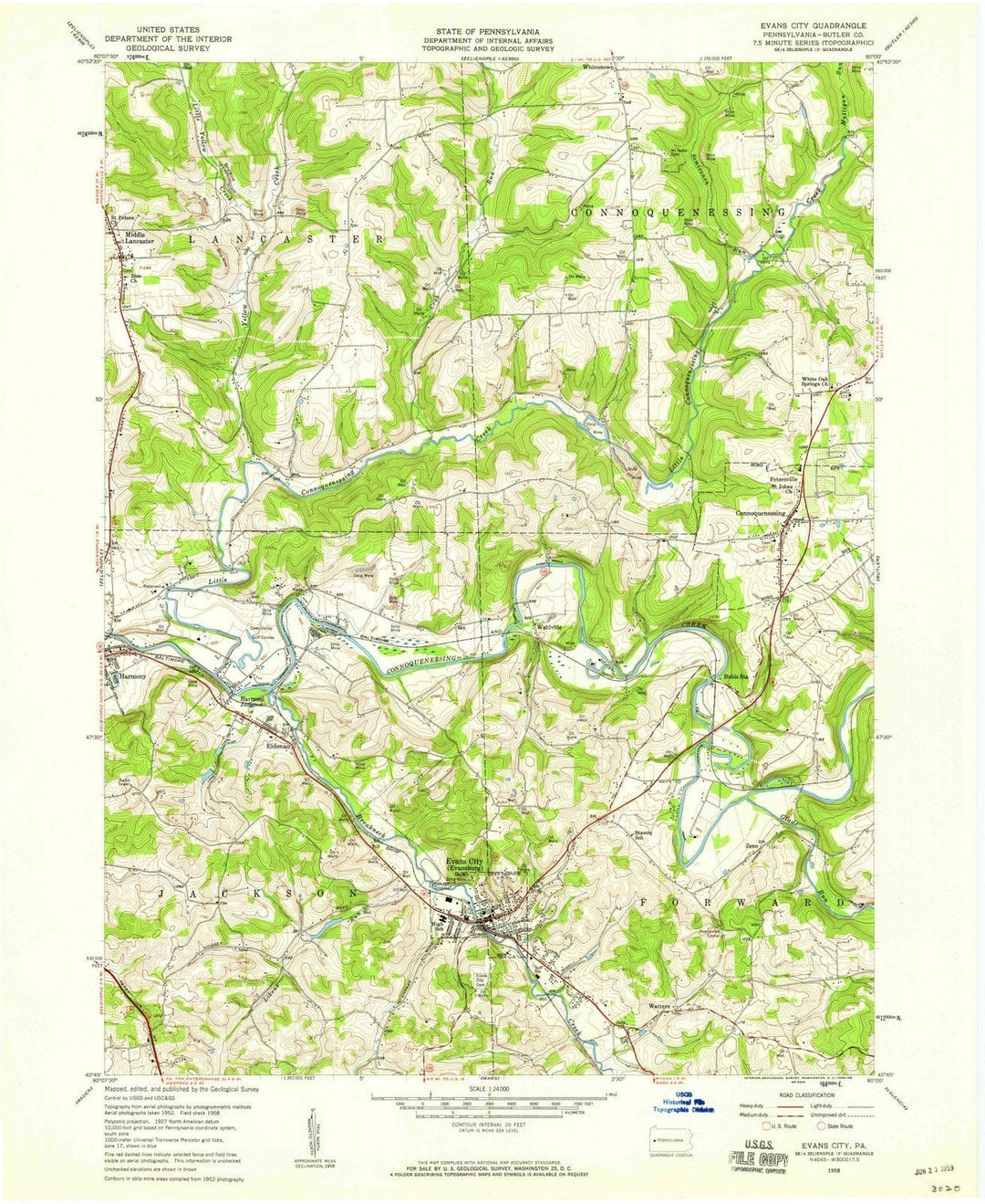 1958 Evans City, PA - Pennsylvania - USGS Topographic Map
