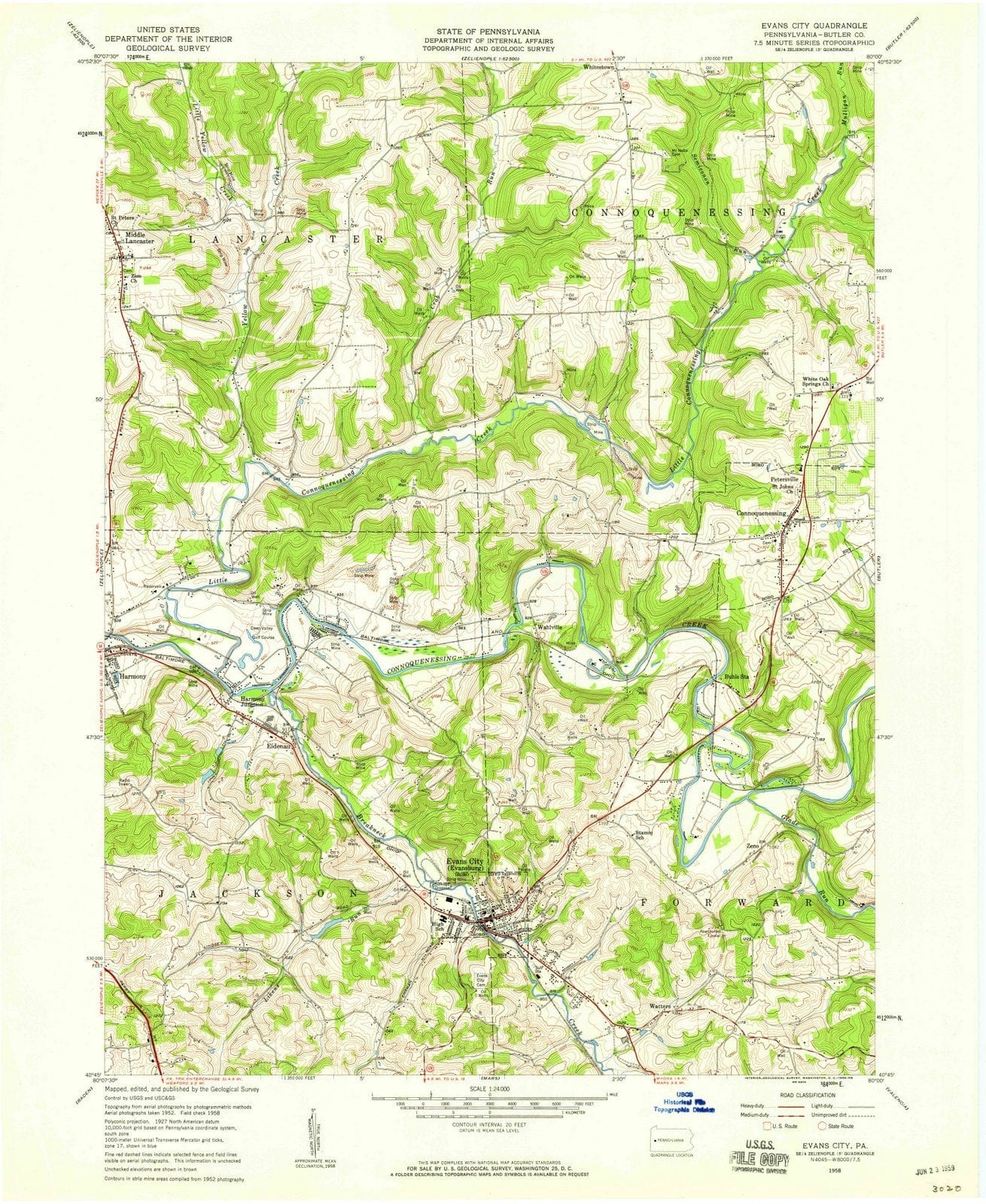 1958 Evans City, PA - Pennsylvania - USGS Topographic Map